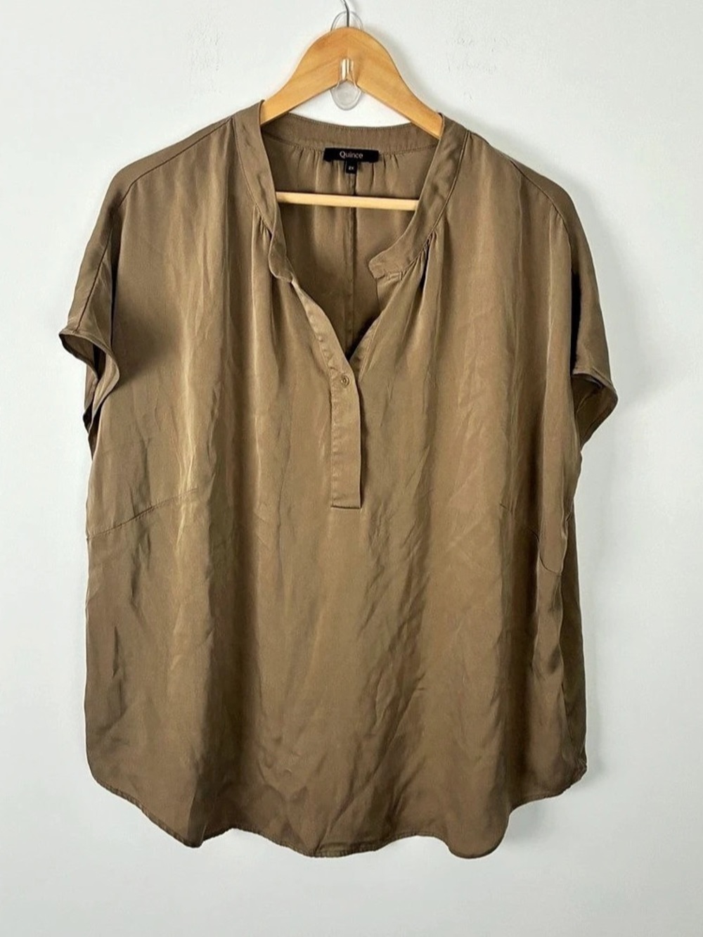Quince Brown Silk Blend Short Sleeve Blouse Old Money Quiet Luxury Corporate 2X